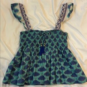 Skylar Scott Smocked Blue-Green Floral Print Tank Top